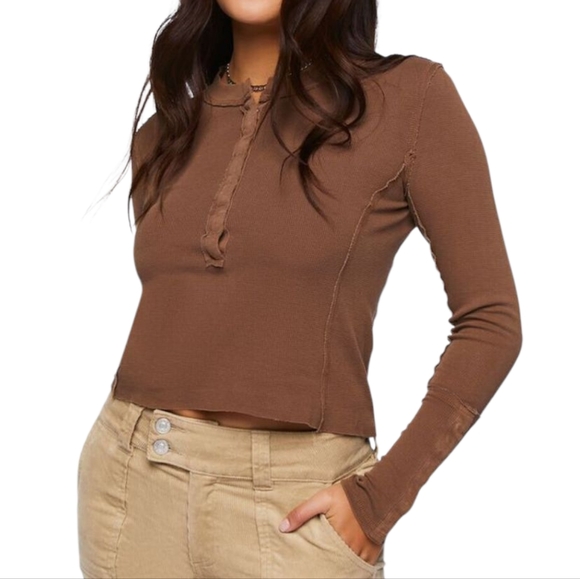Forever 21 Raw Hem Waffle Knit Cropped Henley Long Sleeve - Picture 1 of 7
